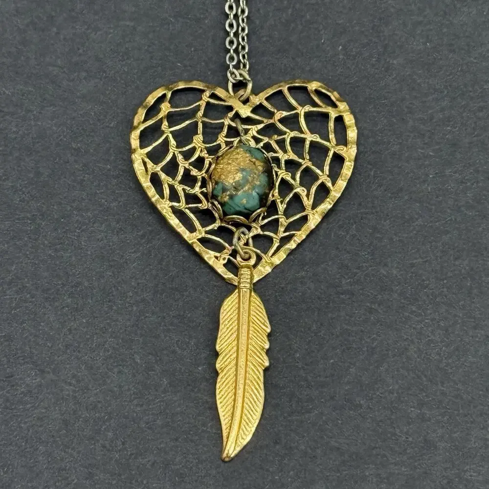 Vintage Gold-Tone Heart Dreamcatcher Turquoise Cabochon Feather Pendant Necklace